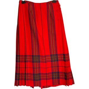 Vintage Aljean Plaid Midi Skirt 100% Wool Red Kilt S